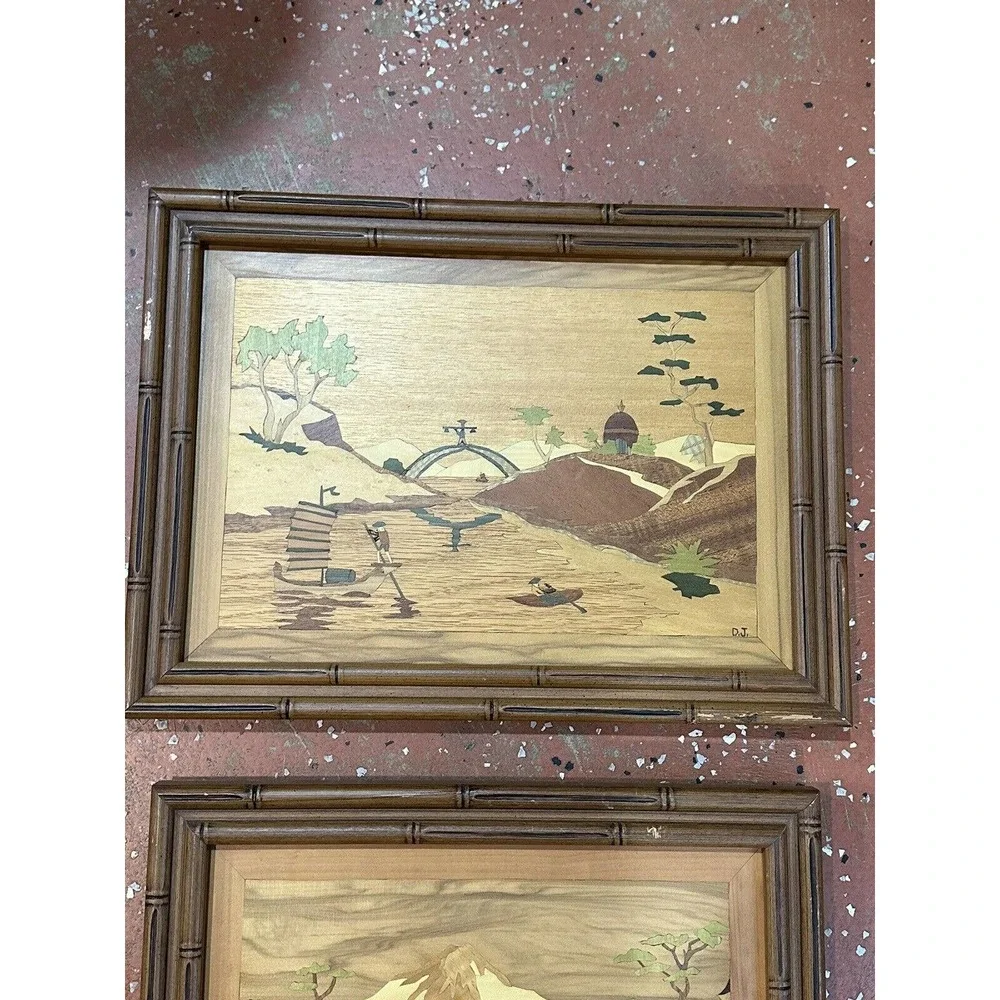 2 Pc Asian Mid Century Modern Framed Wood Cut Out Inlay Wall Art